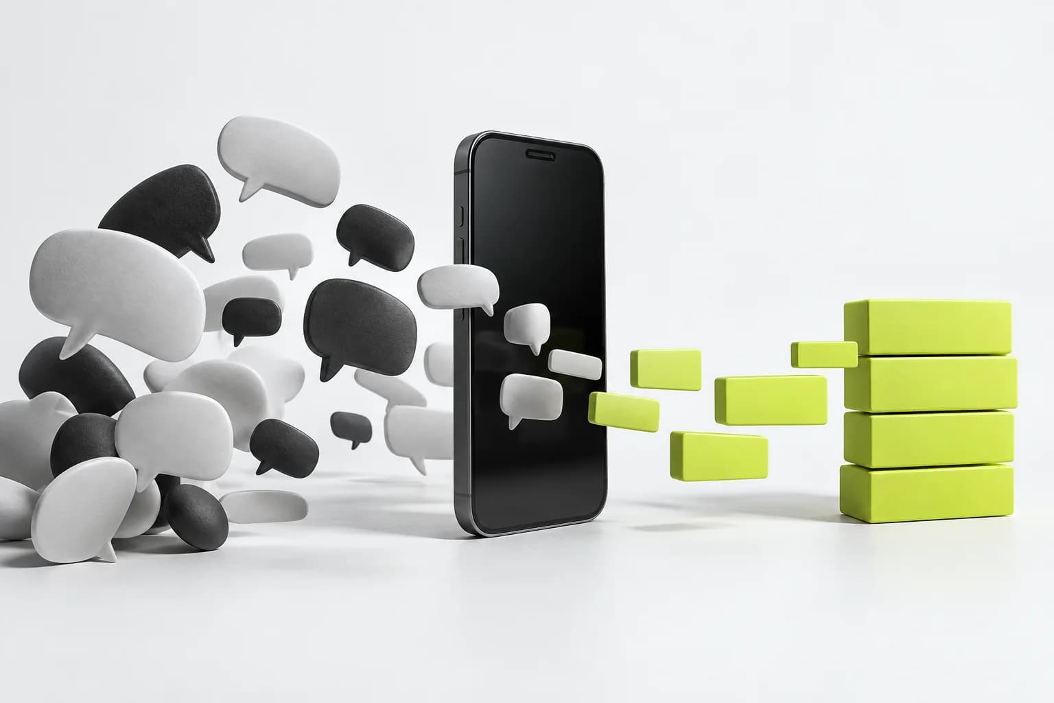 Смартфон и объёмные сообщения, которые складываются в упорядоченный поток заявок